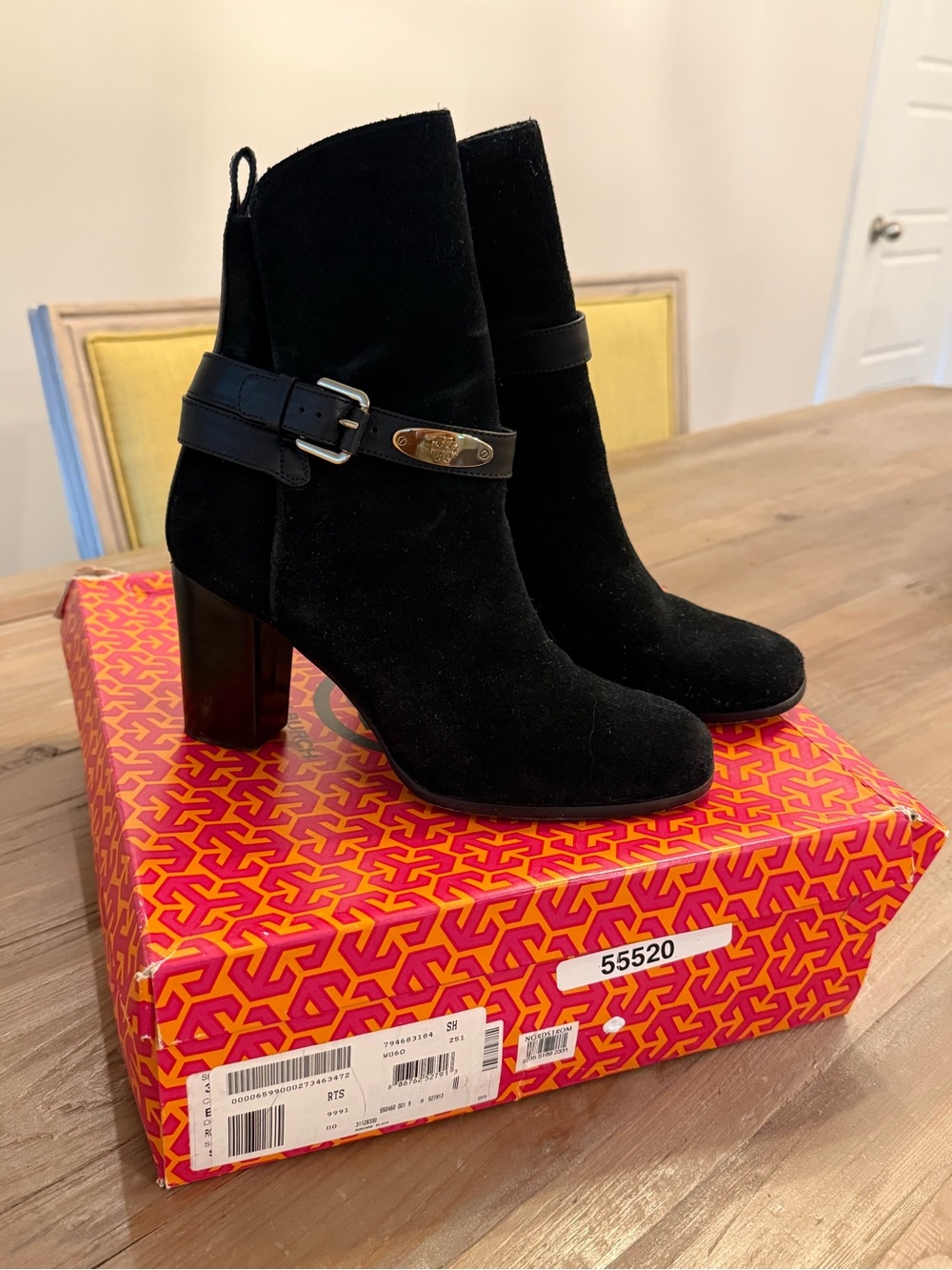 Tory Burch Black Suede Ankle Booties with Buckle Accent